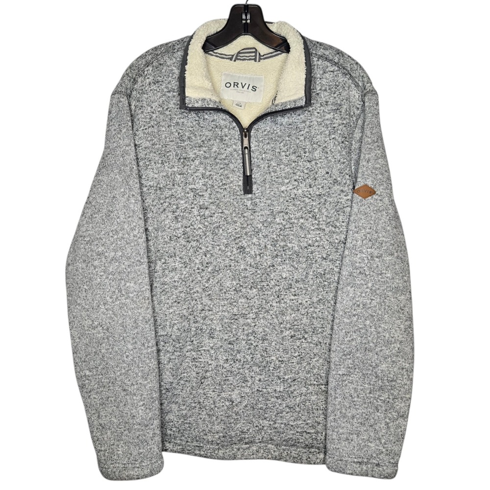 Orvis Fleece Lined 1/4 Zip Sweater Heather Gray Sherpa Warm Winter Men XL Rugged